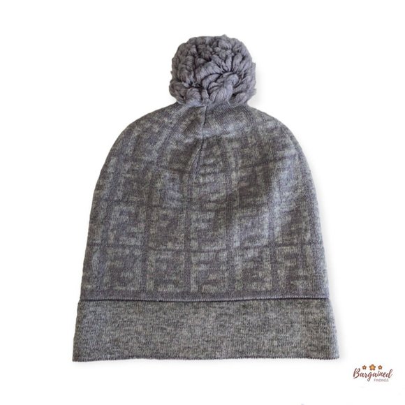 Authentic Fendi Bi-Colored Wool Gray/Light Gray Zucca Monogram PomPon Beanie Hat - Picture 8 of 12